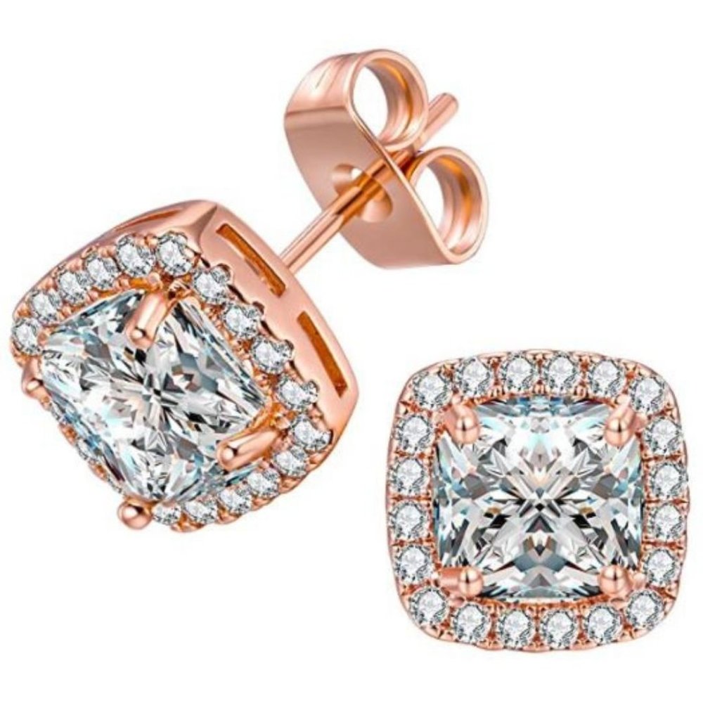 18K White Gold Plated Square Cubic Zircon 6mm Stud - Picture 7 of 15